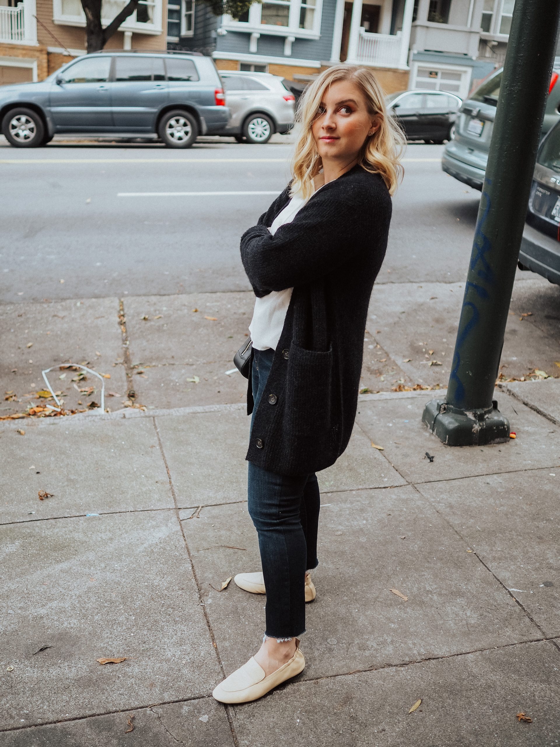 Everlane day loafer and alpaca cardigan outfit