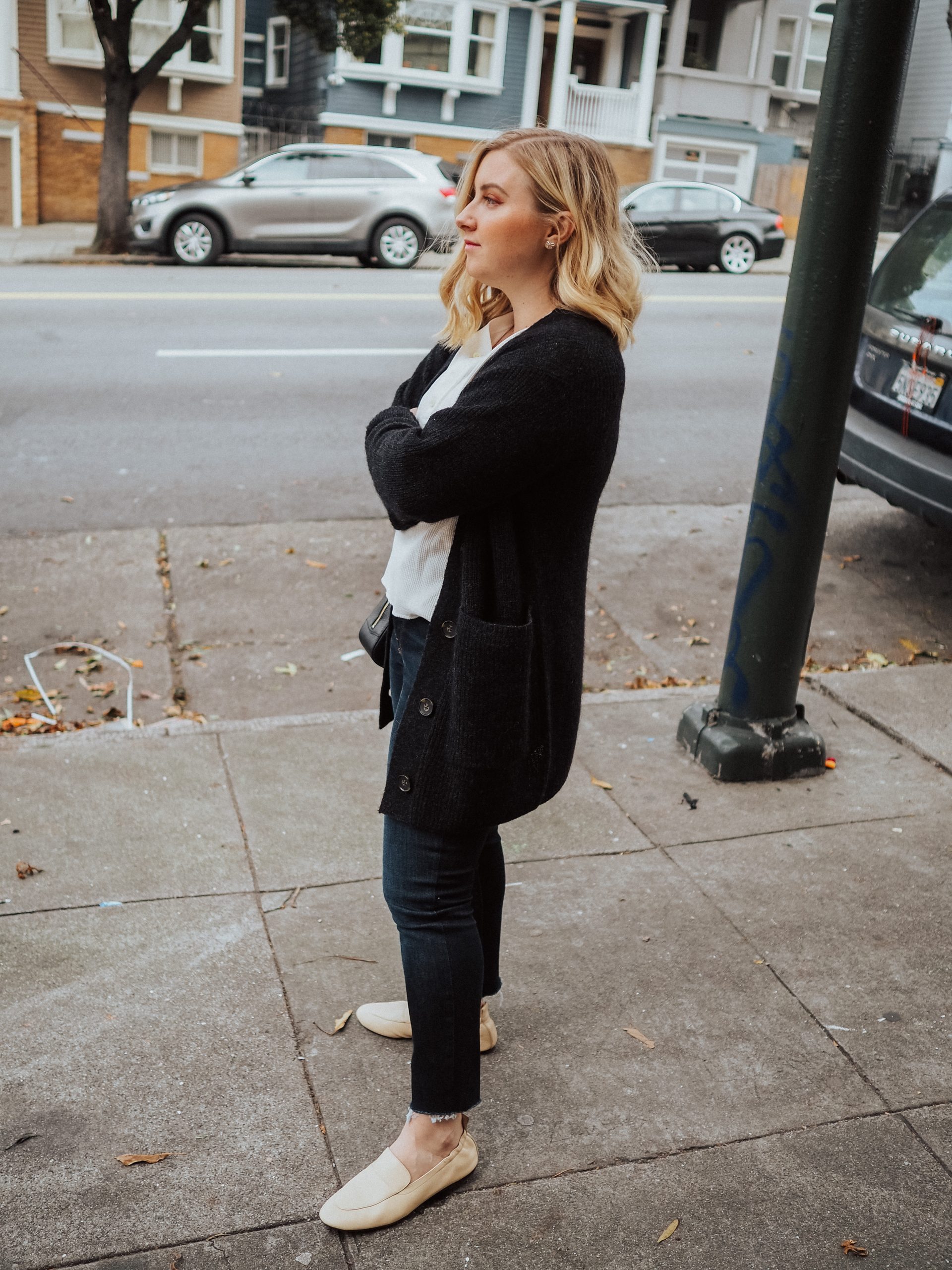 Everlane day loafer and alpaca cardigan outfit